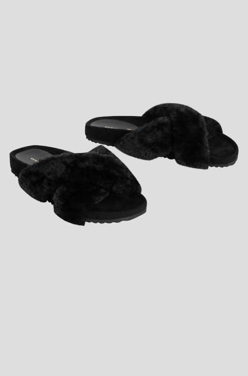 Dámské černé pantofle s umělou kožešinou