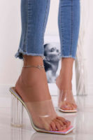 Stříbrno-transparentní pantofle na podpatku