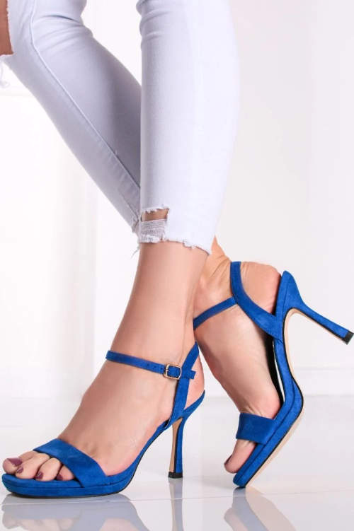 Modré dámské sandály na vysokém tenkém podpatku